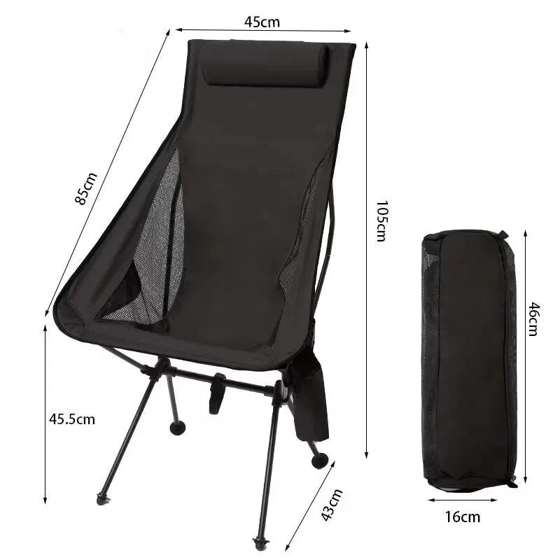 Portable Folding Camping Chair Black with Headrest Lightweight Aluminium Outdoor Chair