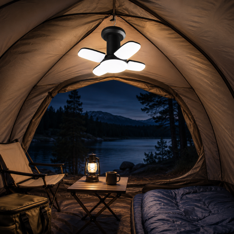 4-Leaf Solar USB Rechargeable LED Camping Lantern with Folding Panels and Hanging Hook