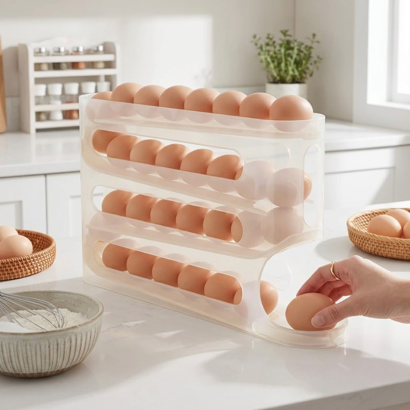 4 Layer Transparent Egg Storage Box Automatic Rolling Refrigerator Organizer Rack