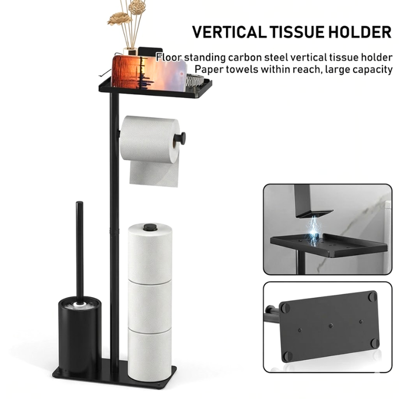 Floor Standing Toilet Paper Holder Stand with Brush and Phone Shelf Storage Rack Black