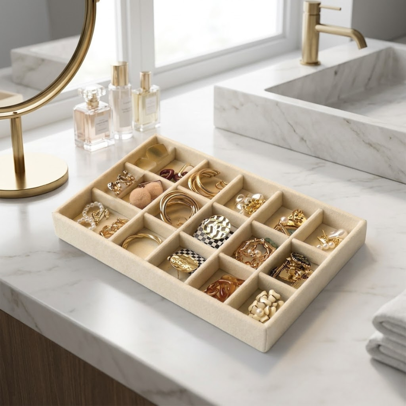 18 Grid Wooden Jewelry Storage Tray Drawer Style Organizer Partitioned Ring Earring Holder