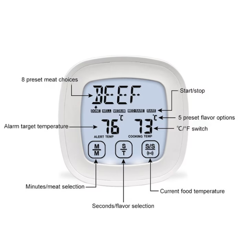 Digital Food Thermometer with Temperature Alert for BBQ Grill Oven and Cooking