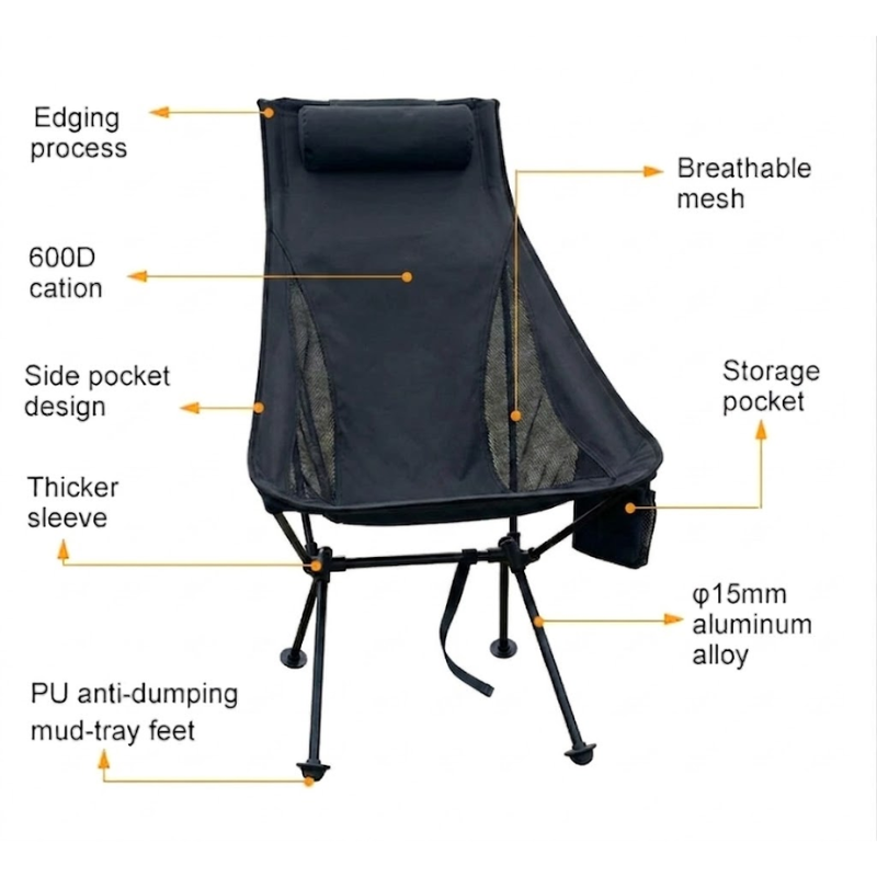 Portable Folding Camping Chair Black with Headrest Lightweight Aluminium Outdoor Chair
