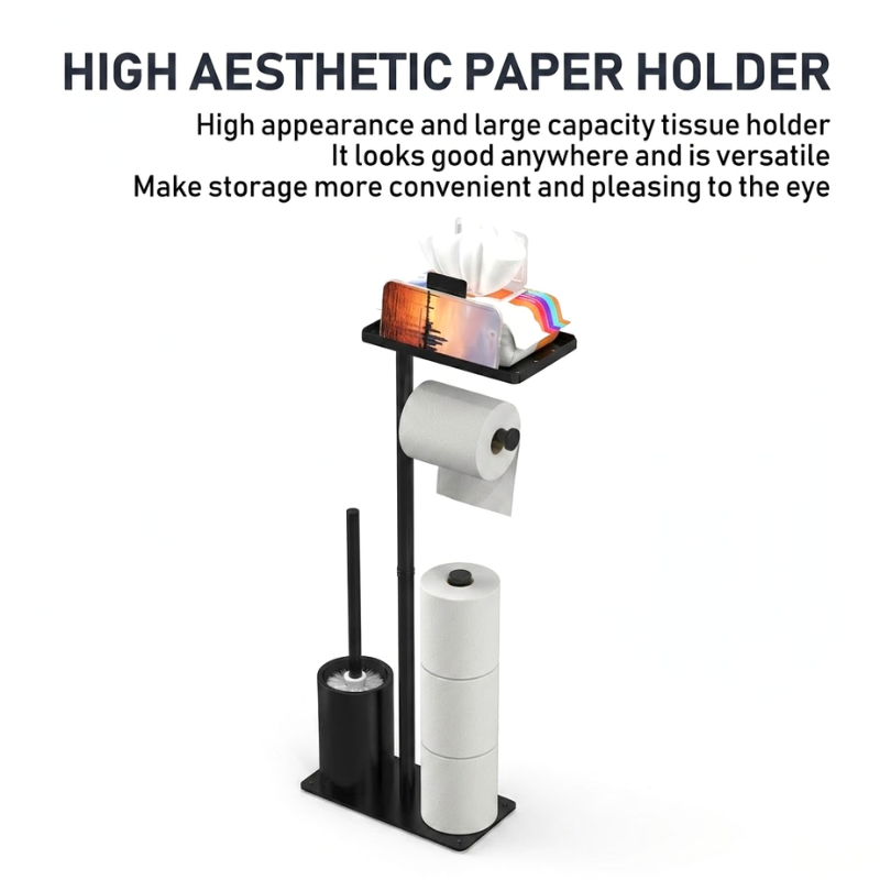 Floor Standing Toilet Paper Holder Stand with Brush and Phone Shelf Storage Rack Black