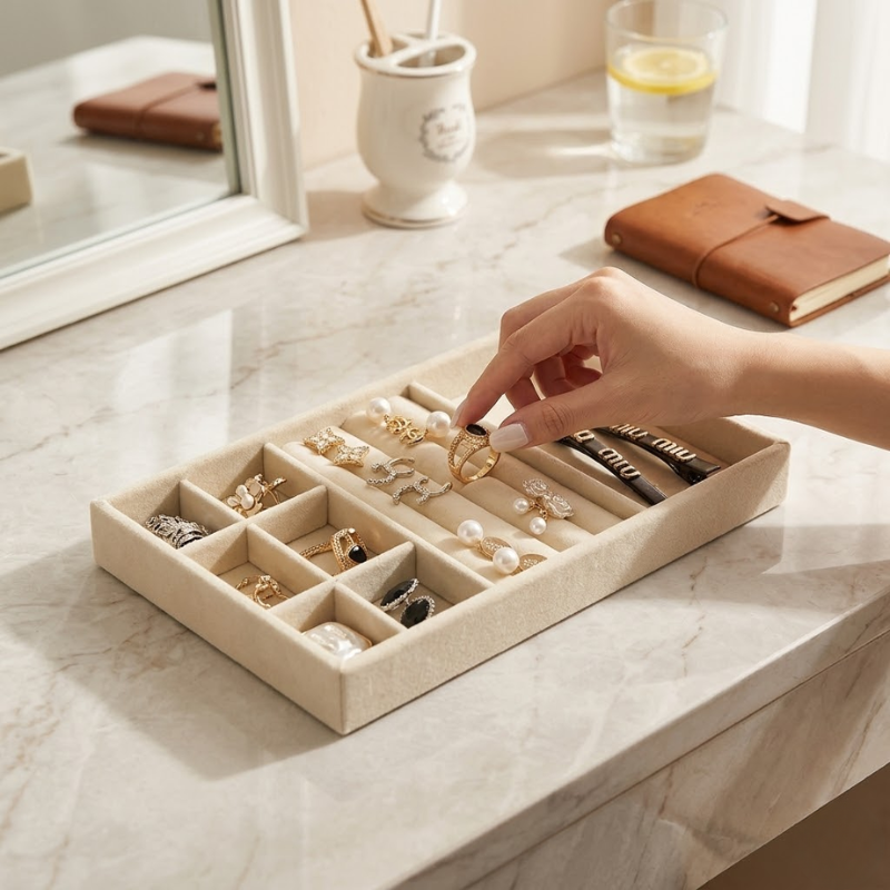 3-in-1 Wooden Jewelry Storage Tray Drawer Style Organizer Partitioned Ring Earring Holder