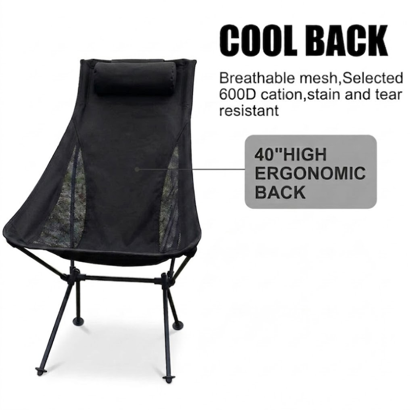 Portable Folding Camping Chair Black with Headrest Lightweight Aluminium Outdoor Chair