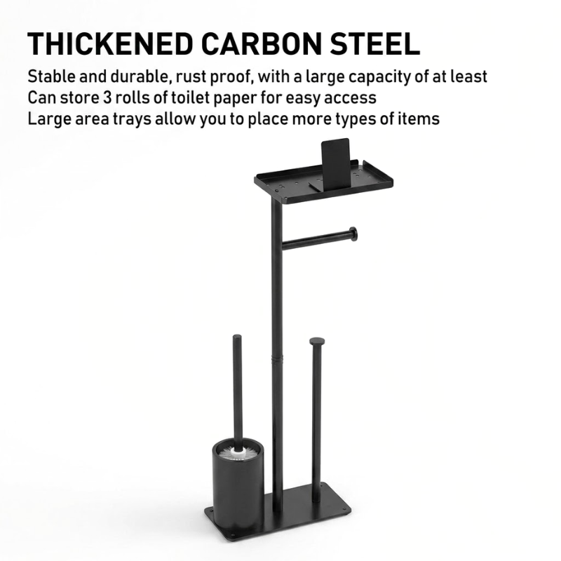 Floor Standing Toilet Paper Holder Stand with Brush and Phone Shelf Storage Rack Black