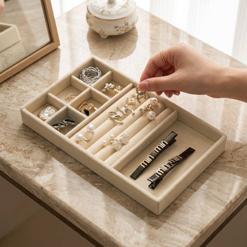 3-in-1 Wooden Jewelry Storage Tray Drawer Style Organizer Partitioned Ring Earring Holder