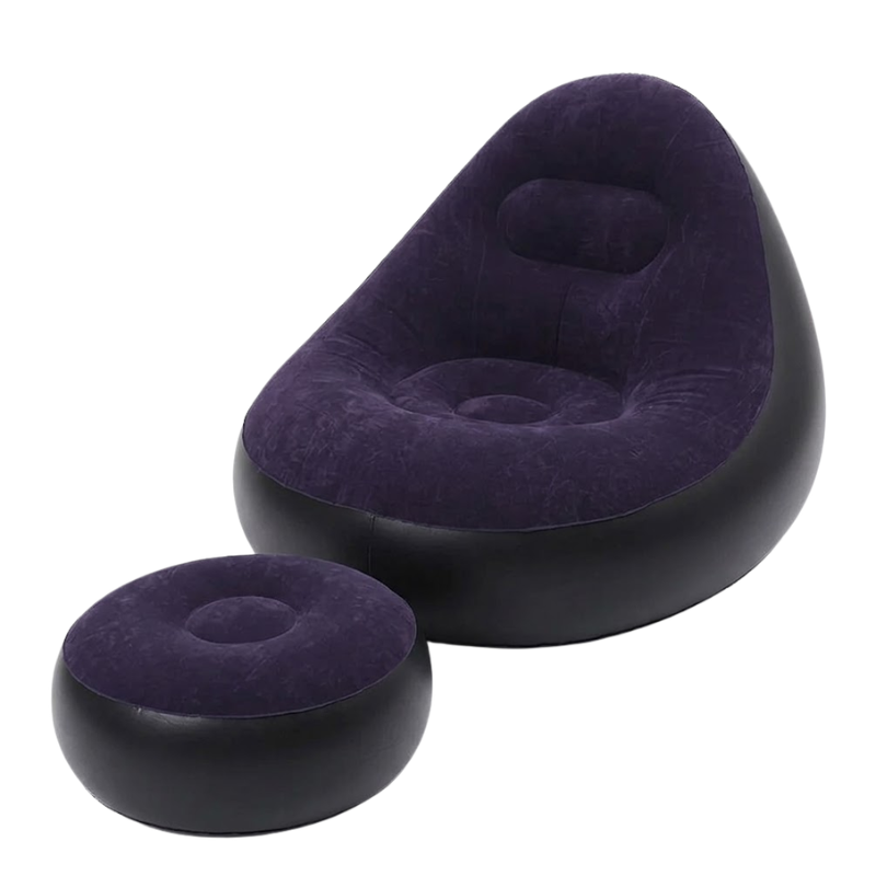 Inflatable Dark Blue Lazy Sofa Chair with Ottoman Foldable PVC Flocking Lounge Chair for Indoor Outdoor Use