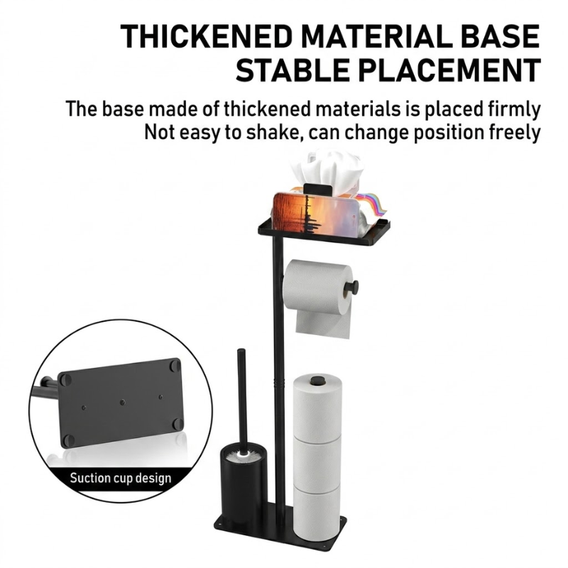 Floor Standing Toilet Paper Holder Stand with Brush and Phone Shelf Storage Rack Black