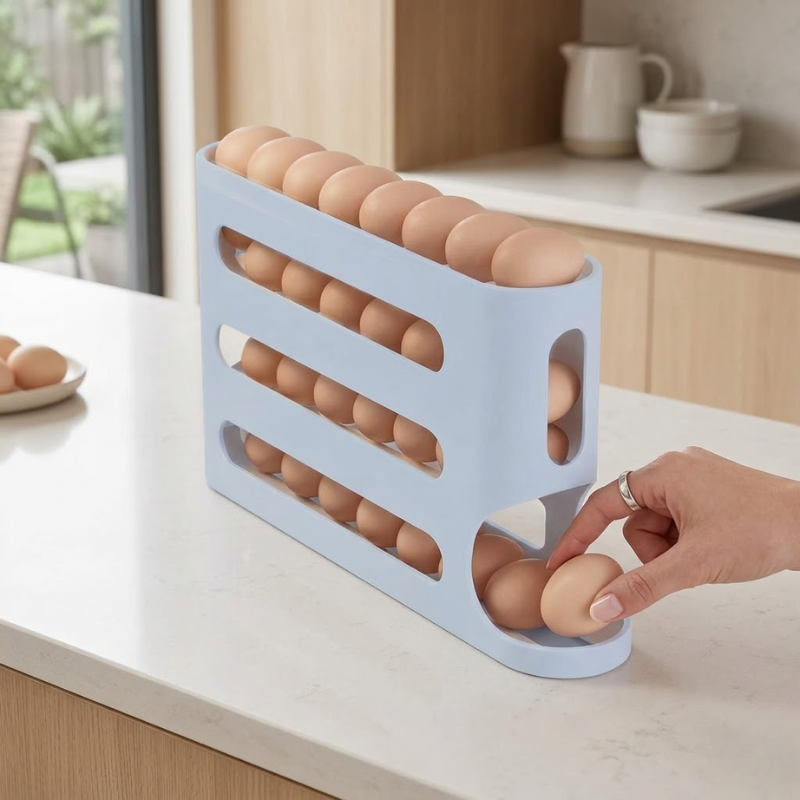 4 Layer Gray Egg Storage Box Automatic Rolling Refrigerator Organizer Rack