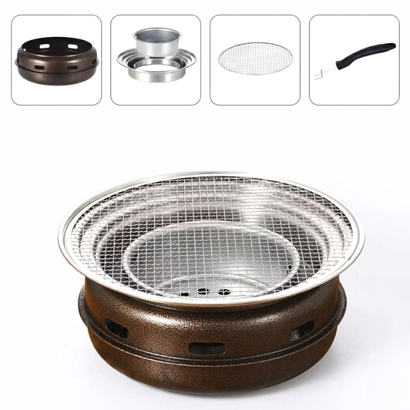 Portable Korean Style Large Round Charcoal BBQ Grill with Hob and Net Tabletop Grill for Camping Picnic and Backyard Cooking