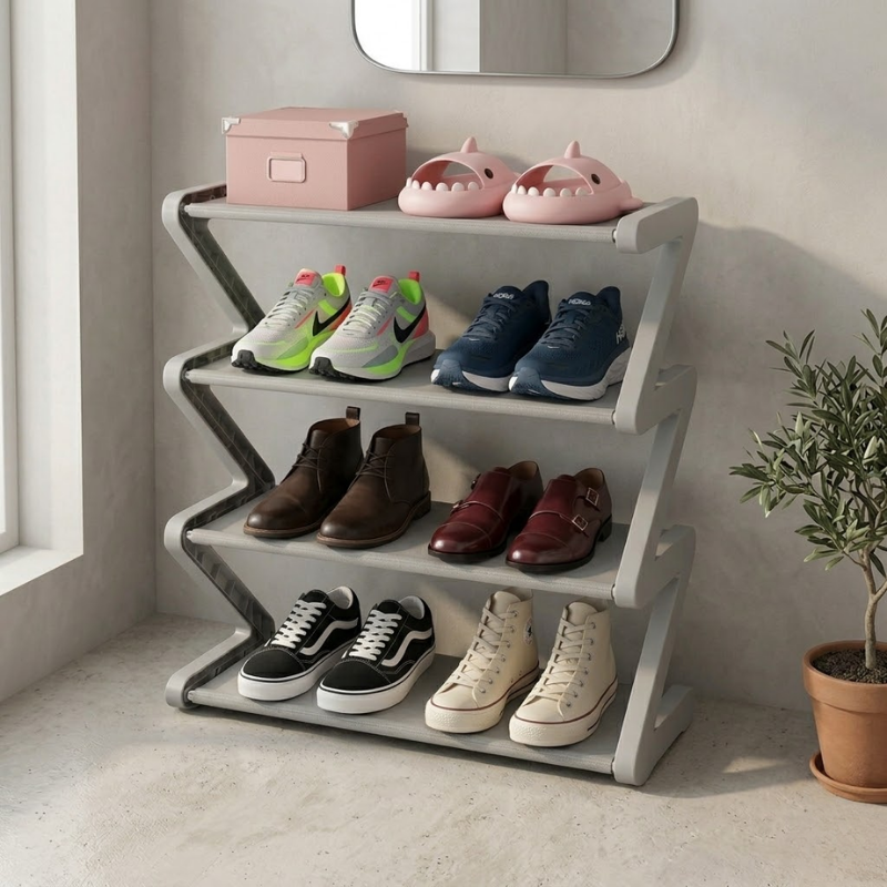 4 Tier Gray Z-Shaped Shoe Rack Space-Saving Storage Organizer