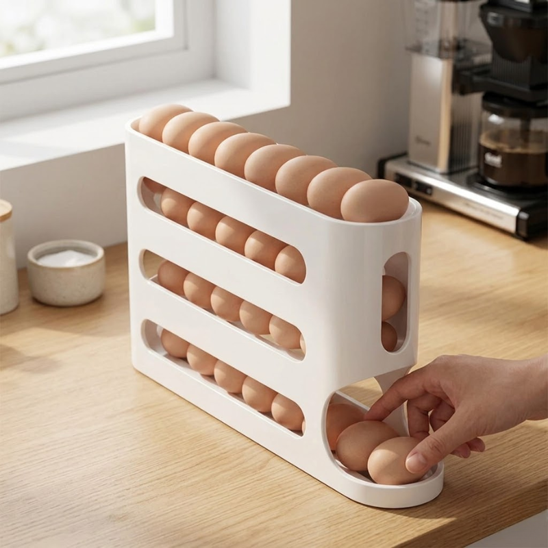 4 Layer White Egg Storage Box Automatic Rolling Refrigerator Organizer Rack