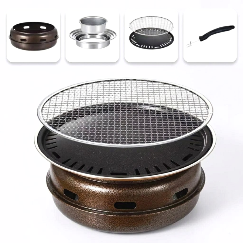 Portable Korean Style Large Round Charcoal BBQ Grill with Hob Pan and Net Tabletop Grill for Camping Picnic and Backyard Cooking