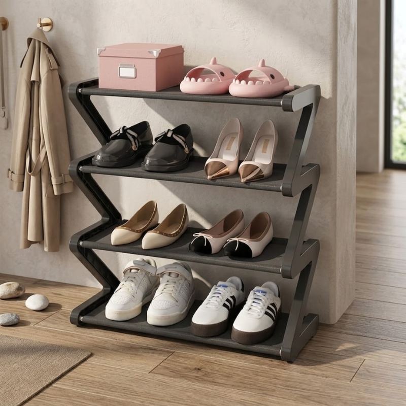 4 Tier Black Z-Shaped Shoe Rack Space-Saving Storage Organizer