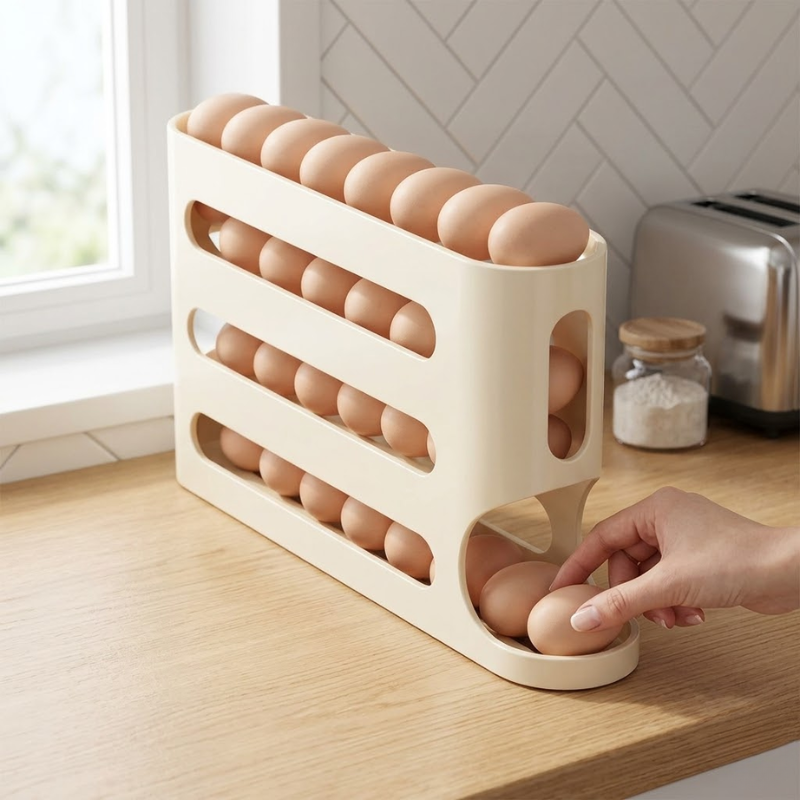 4 Layer Yellow Egg Storage Box Automatic Rolling Refrigerator Organizer Rack