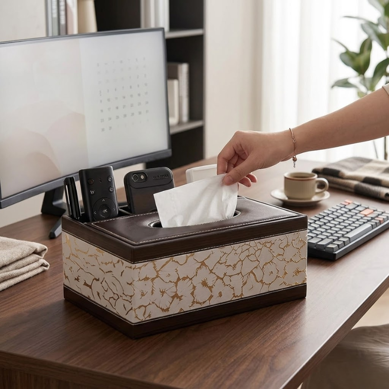 White Faux Leather Tissue Box Cover with Remote Holder Desktop Organizer