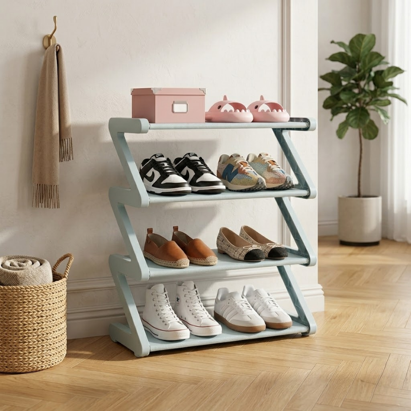 4 Tier Blue Z-Shaped Shoe Rack Space-Saving Storage Organizer