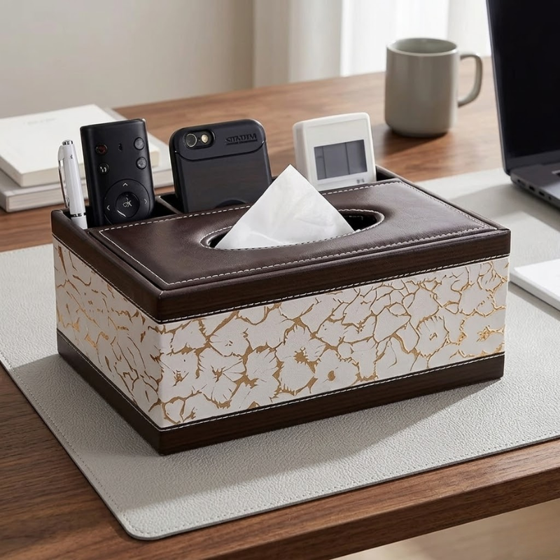 White Faux Leather Tissue Box Cover with Remote Holder Desktop Organizer