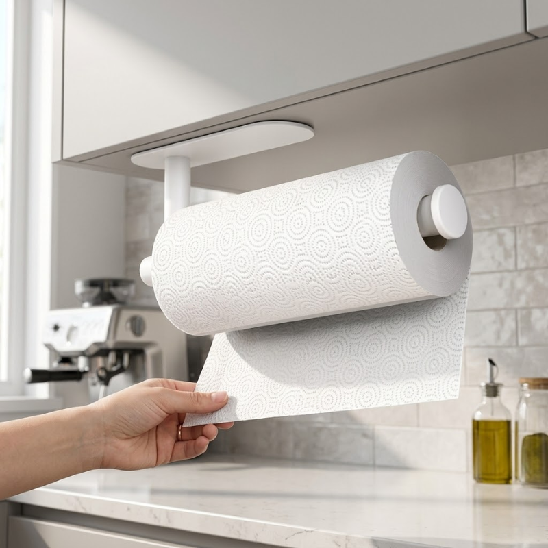 Long White Kitchen Paper Towel Holder Adhesive Wall Mounted Tissue Roll Rack