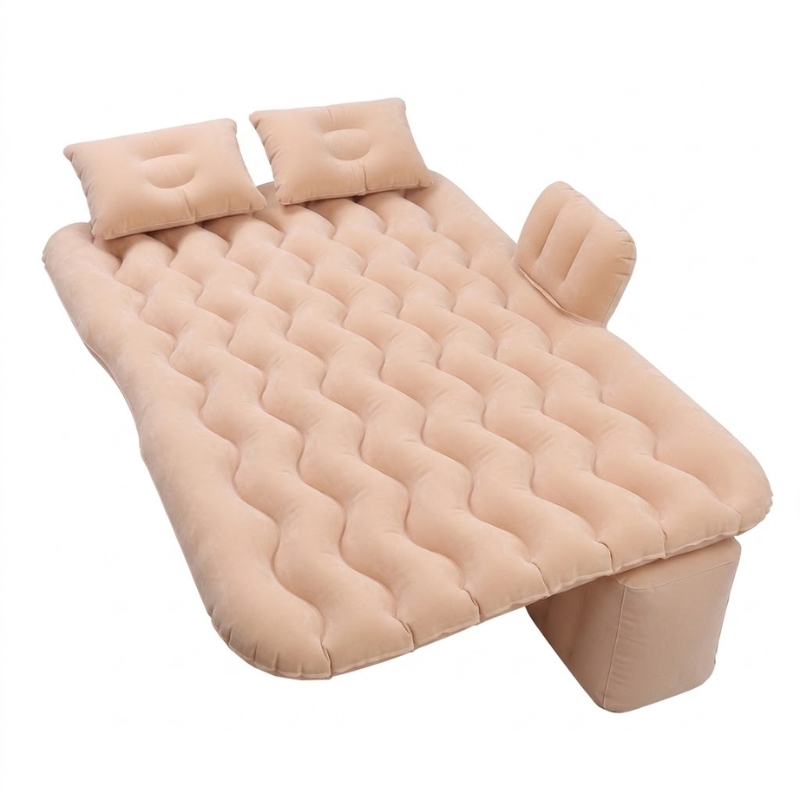Inflatable Beige Car Travel Mattress Bed with Pillows for Back Seat Sleeping Camping Road Trips and Outdoor Adventures