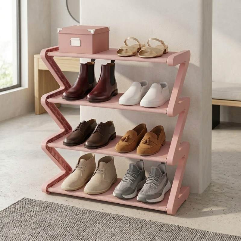 4 Tier Pink Z-Shaped Shoe Rack Space-Saving Storage Organizer