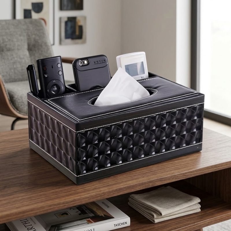 Black Faux Leather Tissue Box Cover with Remote Holder Desktop Organizer