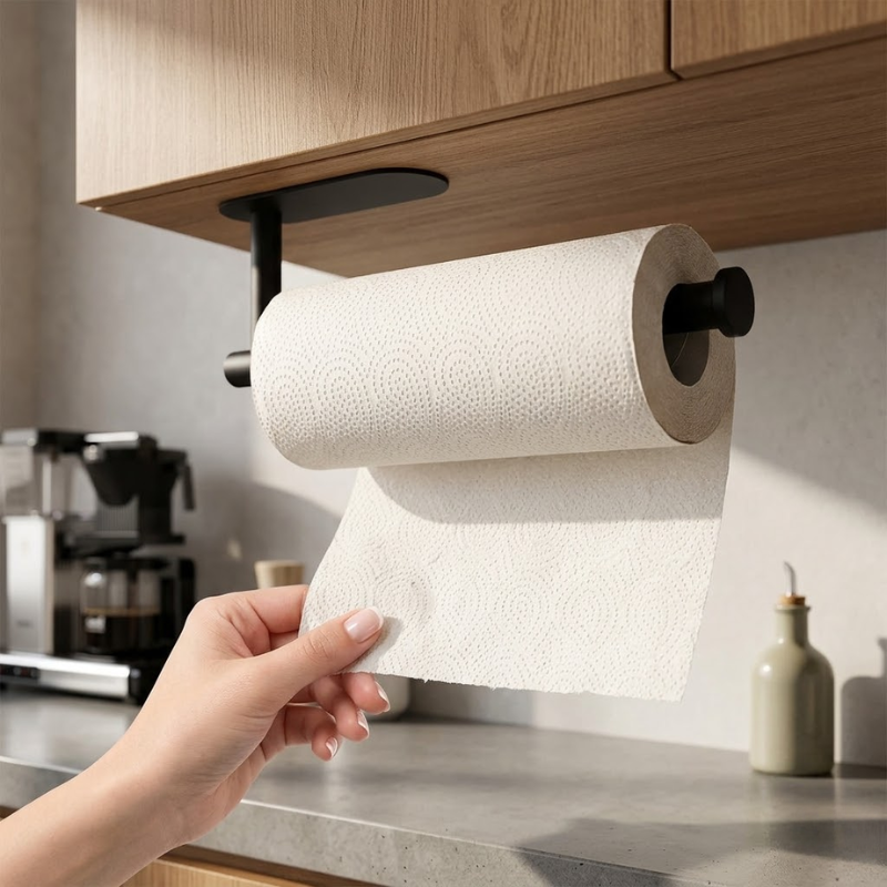 Long Black Kitchen Paper Towel Holder Adhesive Wall Mounted Tissue Roll Rack