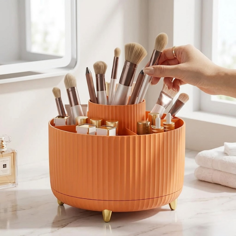 360° Rotating Makeup Organizer Storage Box Cosmetic Brush Holder Lipstick Jewelry Container Orange