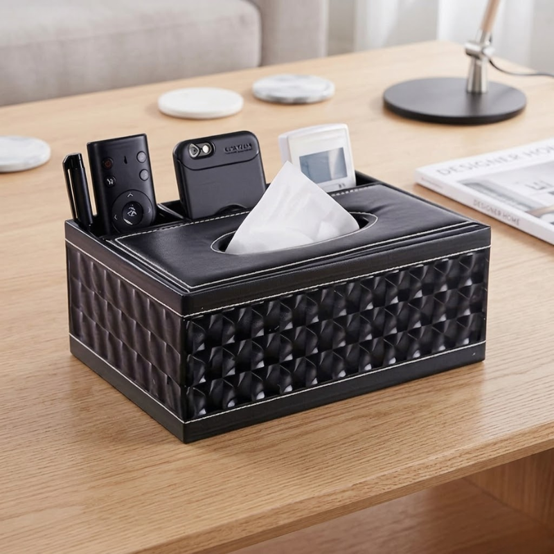Black Faux Leather Tissue Box Cover with Remote Holder Desktop Organizer