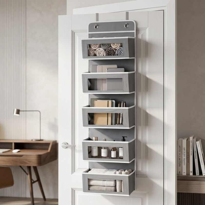 5 Shelf Gray Hanging Storage Organizer Over Door 5 Pocket Rack