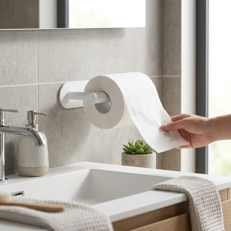White Kitchen Paper Towel Holder Adhesive Wall Mounted Tissue Roll Rack
