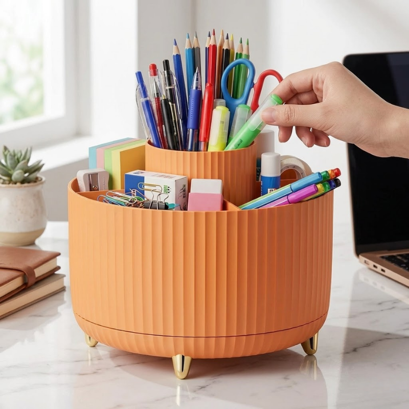 360° Rotating Makeup Organizer Storage Box Cosmetic Brush Holder Lipstick Jewelry Container Orange