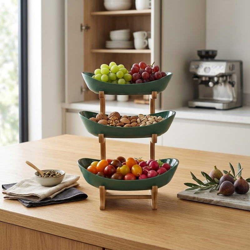 3 Tier Green Fruit Tray Stand Partitioned Serving Plate Snack Dessert Display