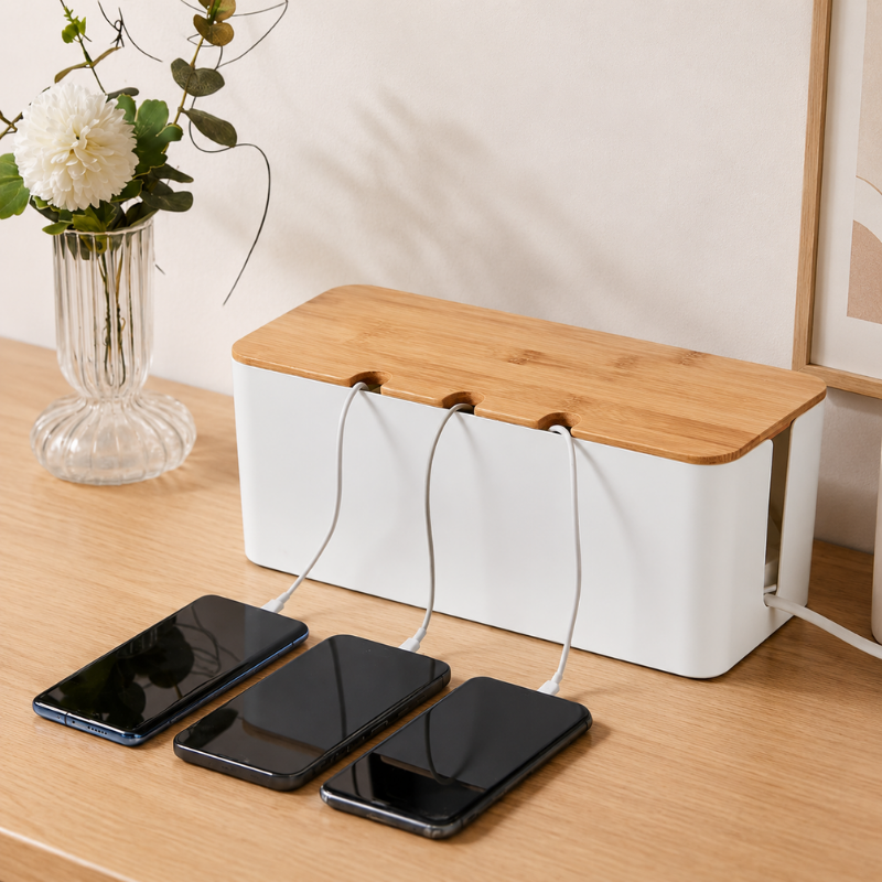 Medium Cable Management Box White with Wooden Style Cover Cord Organizer