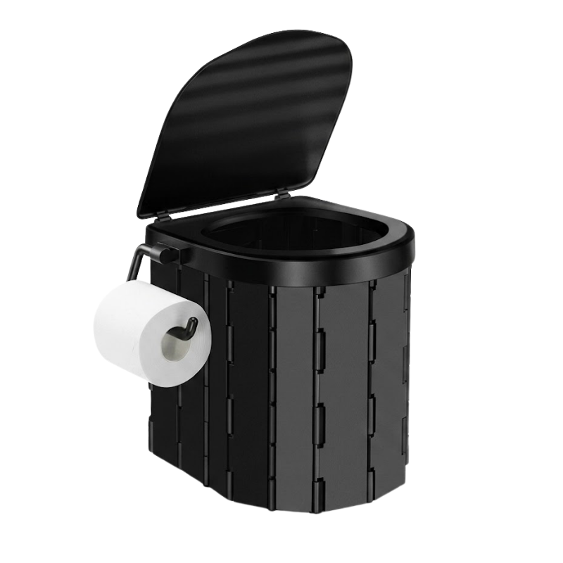 Portable Folding Bucket Toilet Seat Black With Lid and Hook Compact Outdoor Emergency Toilet for Camping Travel