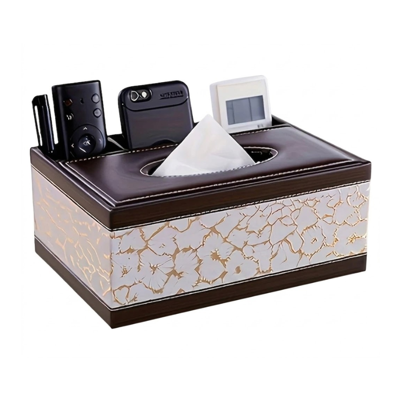 White Faux Leather Tissue Box Cover with Remote Holder Desktop Organizer