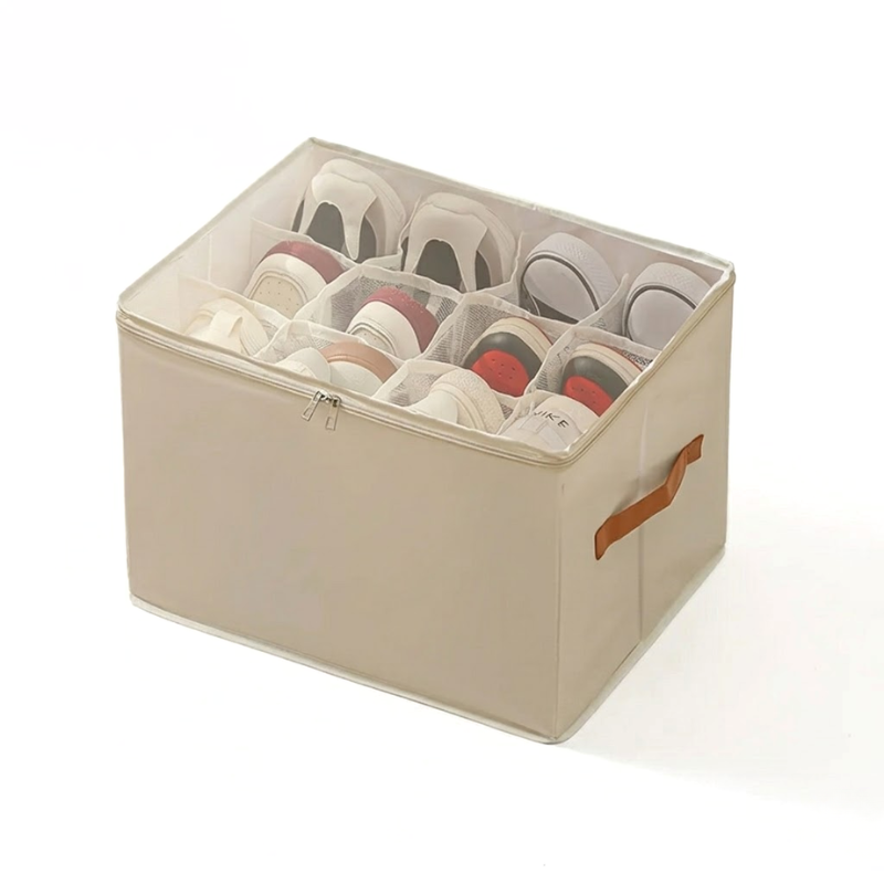 12 Grid Beige Foldable Clothing Organizer Box Wardrobe Storage Bin with Lid