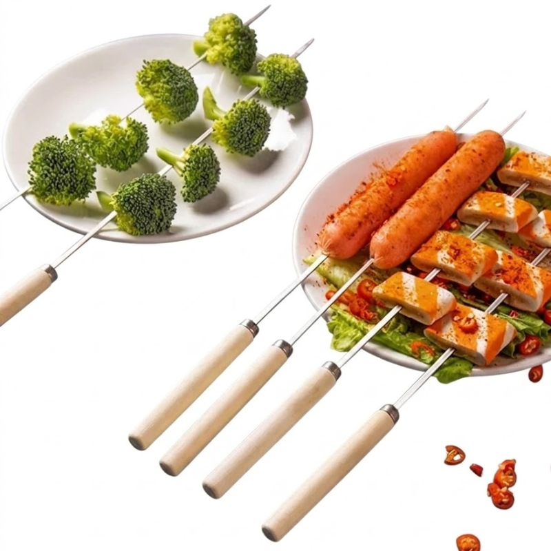 10 Pack Stainless Steel BBQ Skewers with Wooden Handles Reusable Grill Sticks