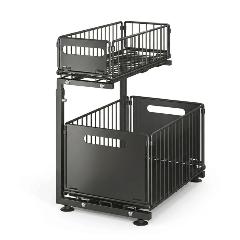 2 Tier Black Pull Out Cabinet Organizer Adjustable Under Sink Storage Rack
