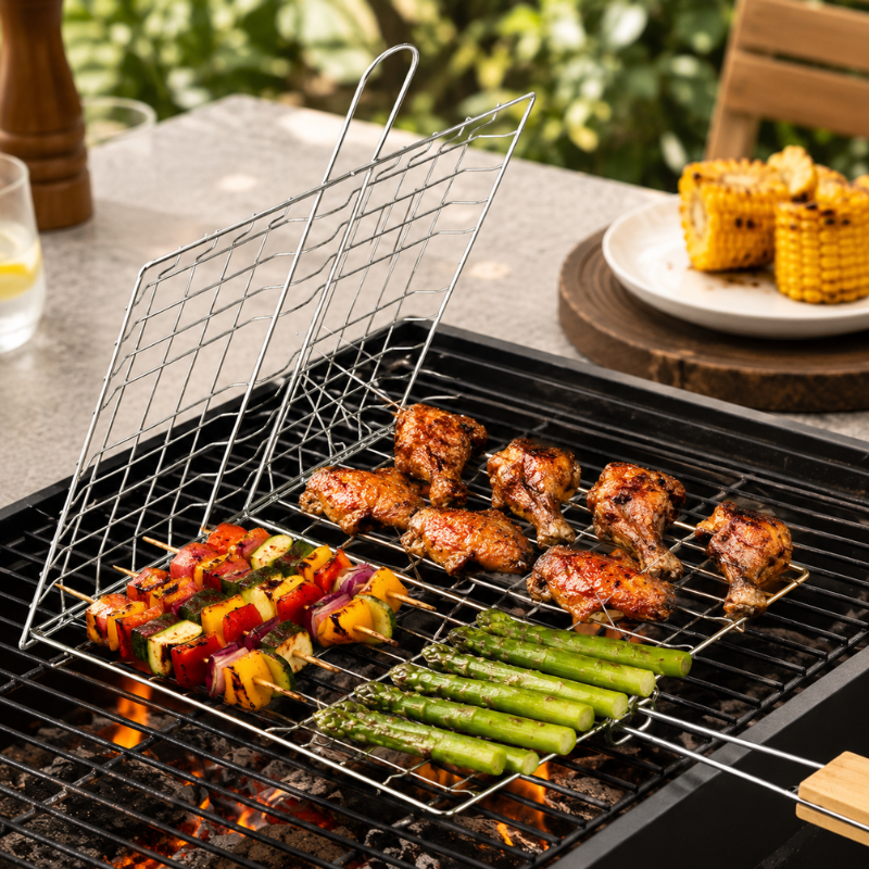 Foldable Stainless Steel BBQ Grilling Basket with Wooden Handle for Fish Meat and Vegetables