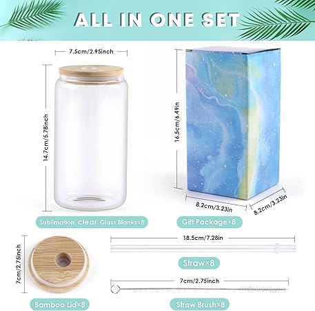 4 Piece 16oz Clear Glass Tumblers with Bamboo Lid DIY Sublimation Cups Set