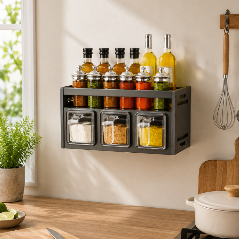 Multi Layer Kitchen Spice Rack Organizer with Seasoning Containers and Storage Shelf 26.3cm