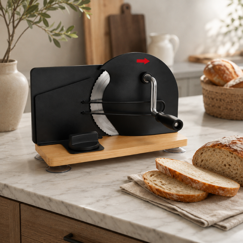 Black Manual Bread Slicer with Adjustable Thickness Stainless Steel Blade and Hand Crank