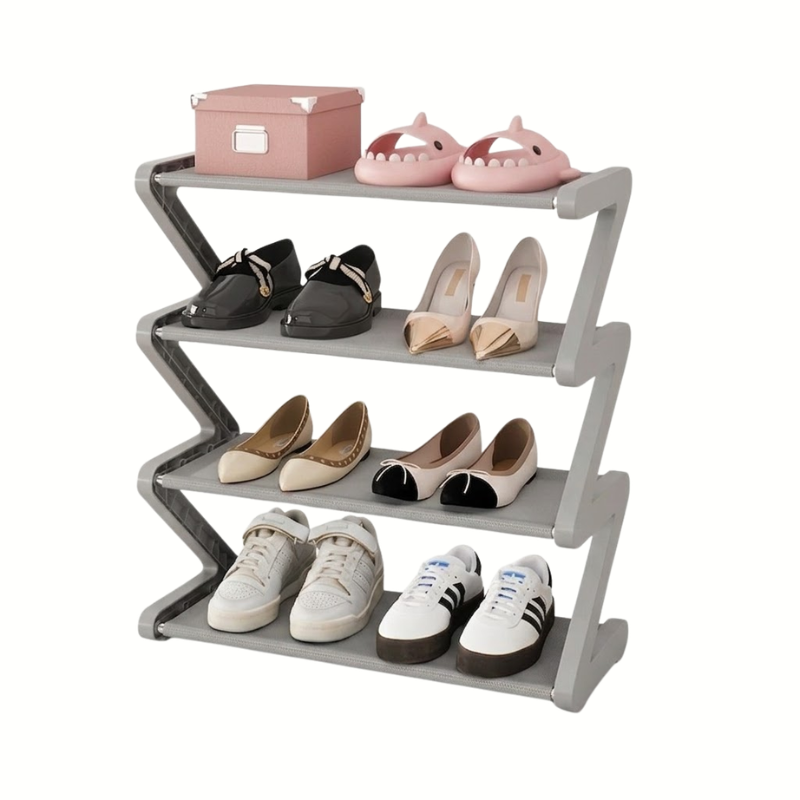 4 Tier Gray Z-Shaped Shoe Rack Space-Saving Storage Organizer