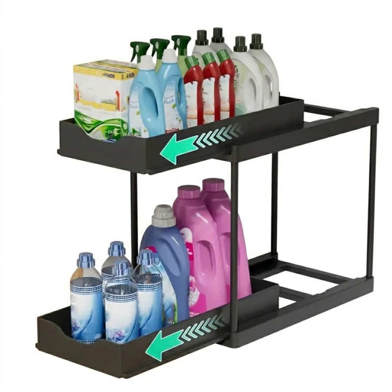 Double Layer Black Pull Out Storage Rack Under Sink Organizer with Hooks