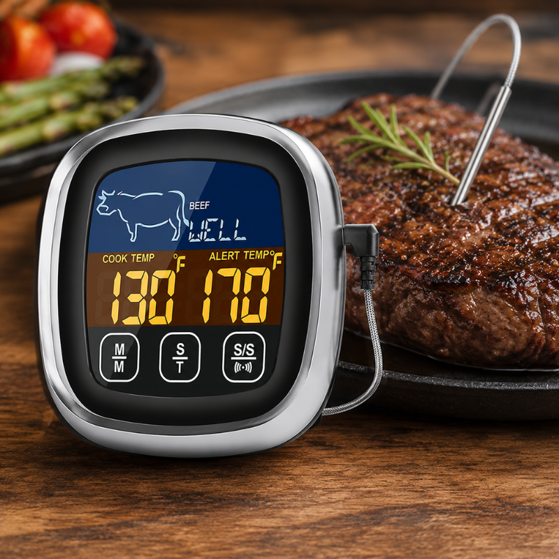 Digital BBQ Meat Thermometer with Stainless Steel Probe and LCD Display for Grill and Oven