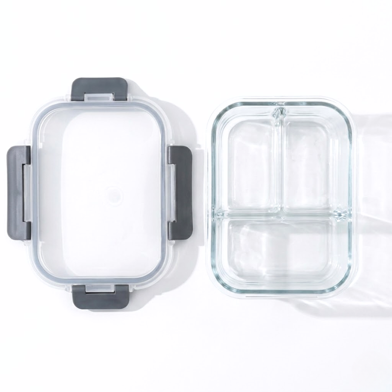 1040ml Rectangular Glass Lunch Box with Compartments Locking Lid Microwave Freezer Dishwasher Friendly