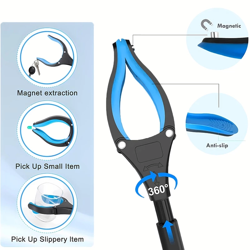 32 Inch Blue Heavy Duty Garbage Grabber with 360° Rotating Clamp Foldable Reaching Tool